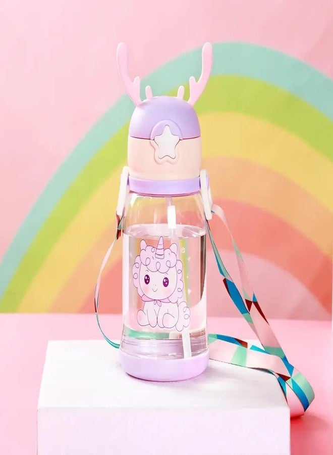ABR Mall Kids Water Bottle with Straw Water Bottle With Straw & Cartoon Design and Shoulder Strap for Students and Children, Boy, girl 600ml (Purple) - Image 1